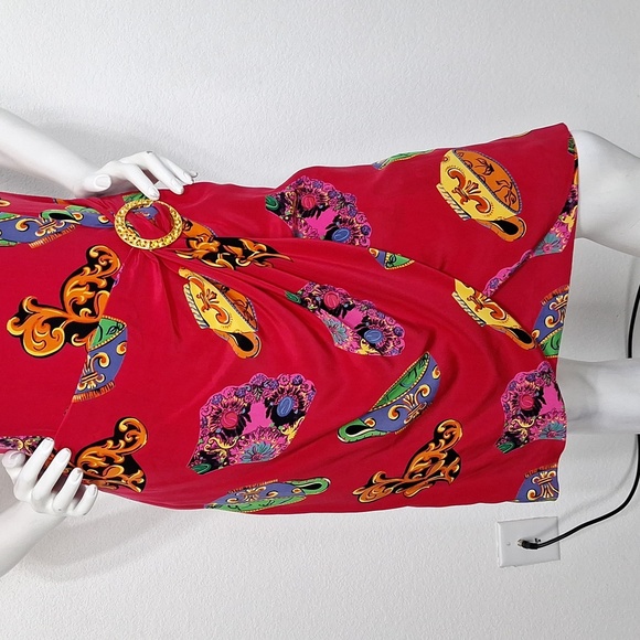 Richard Warren Vintage Red Tea Cup Retro Artsy Silk Knee Length Dress Size 6 - Picture 3 of 11